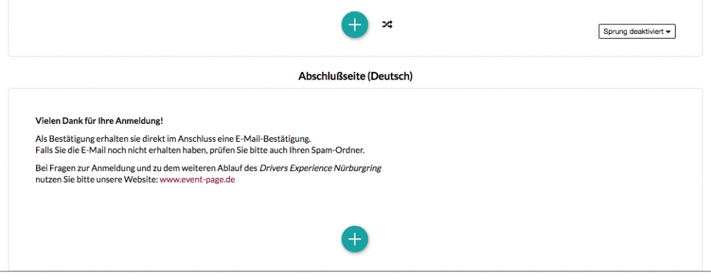 Abschlußsseite Event anmeldung