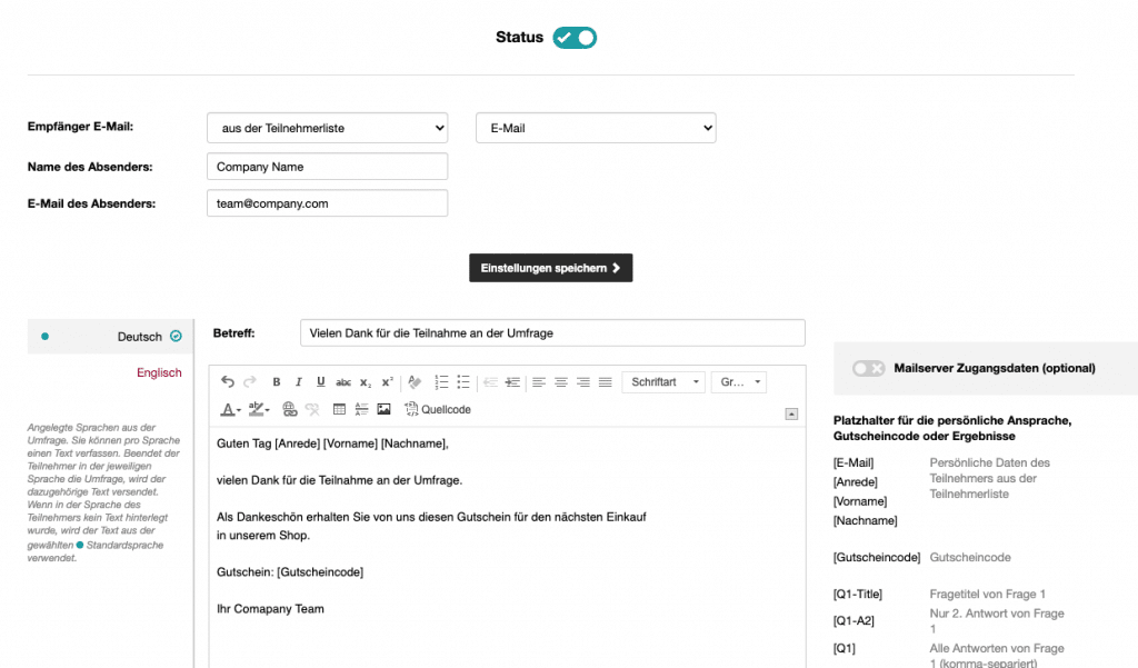 Email nach einer Teilnahme an einer Umfrage versenden