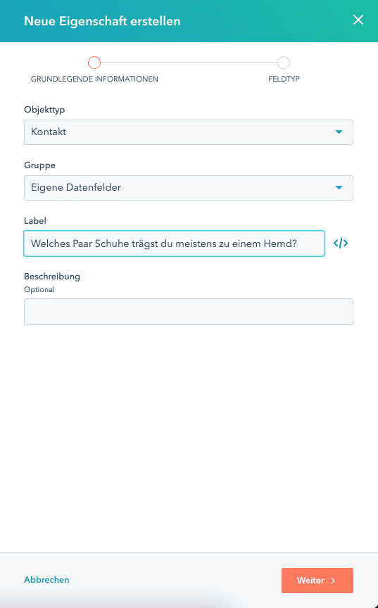 Neue Eigenschaft erstellen in Hubspot Schritt 1