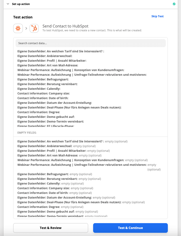 Verbindung zwischen easyfeedback und Hubspot über Zapier testen