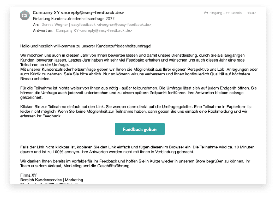 Sehr gut sichtbare Platzierung der Umfrage in der E-Mail Einladung